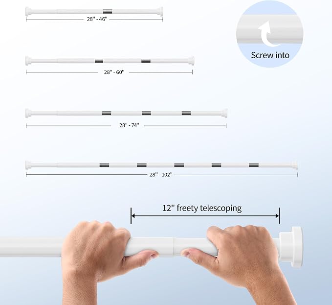 Mcrbeay Shower Curtain Rod, 1" Diameter Heavy Duty Tension Shower Rod | Adjustable 28-102 inch Non Slip No Drill Spring Tension Rod For Bathroom, Shower Stall, No Rust, White