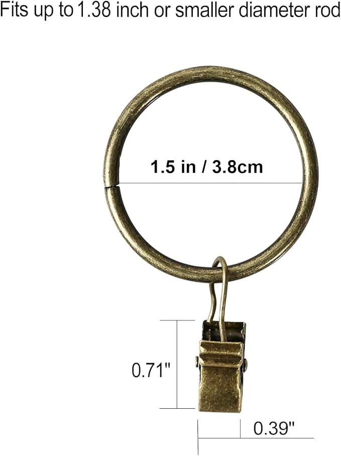 Lansian 44 Pack Curtain Rings with Clips Hooks 1.5 in Diameter Rustproof | Metal Stainless Steel Drapery Rings for Tension Rod Bracket Eyelets Decorative Hanger, Fits 1.38 in Rods, Antique Brass