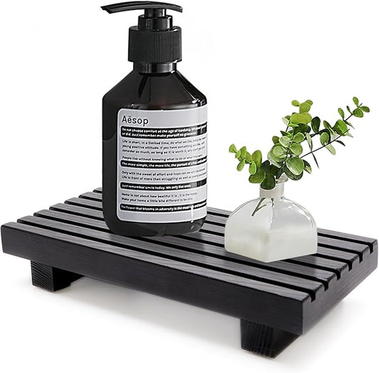 Black Bathroom Tray for Sink Decor Kitchen Counter Wood Pedestal Soap Dish | Small Sponge Holder Soap Dispenser Wooden Risers Restroom Decor Kitchen Accessories Countertop Mens Spa Vanity Toilet Tray