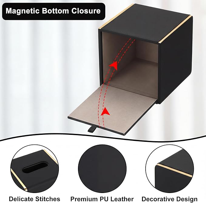 Sumnacon PU Square Tissue Box Cover, Magnetic Bottom, Waterproof, Black | Stylish Cube Tissue Box Holder with Gold Edging Fits Vanity, Toilet Tank, Dresser, Nightstand, Table, Countertop, Office, Car