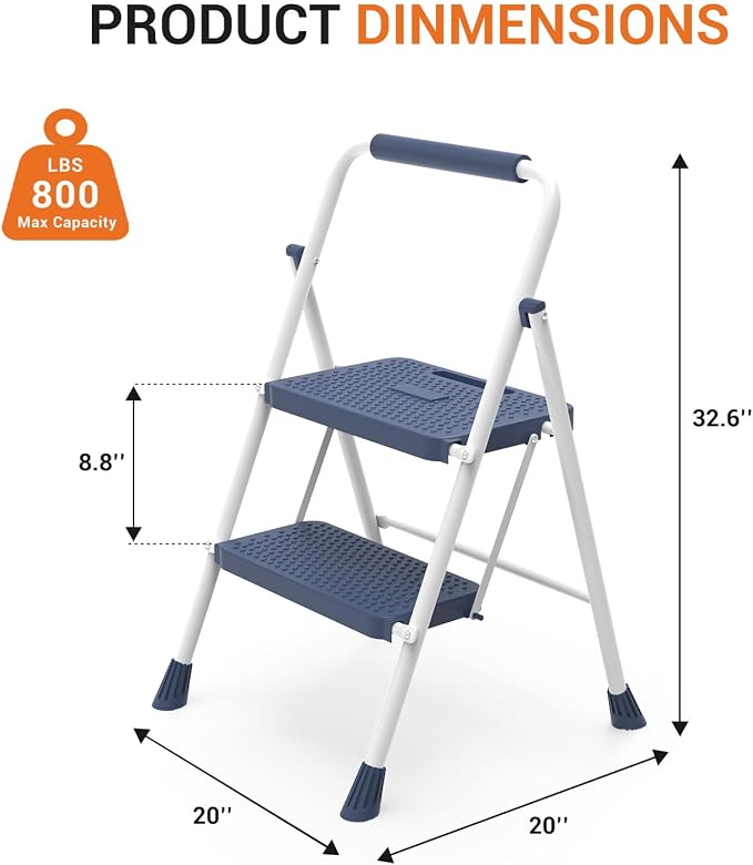 Sweetcrispy 2 Step Ladder, 800lbs Folding Sturdy Step Stool | Portable Stepping Stool with Wide Anti-Silp Pedal & Cushioned Handle, for Home Kitchen and Outdoor - Blue