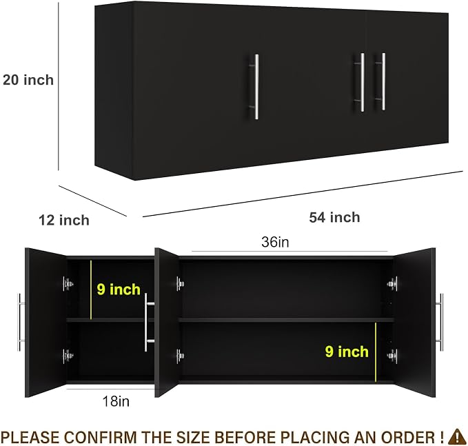 Laundry Wall Cabinet, 54"W x 12"D x 20"H Wooden Wall Mounted Storage Cabinet, 3 Door Cabinet with Soft Close and Metal Handle and Adjustable Shelf, for Kitchen, Garage, Laundry, Bathroom, Black