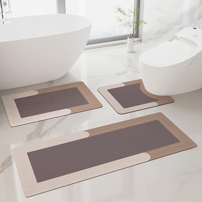 HelloTree 3PCS Bath Mat Rug Rubber Non Slip Quick Dry Rug Sets | Super Absorbent Thin Bathroom Rugs Fit Under Door Khaki Washable Floor Mats for in Front of Bathtub, Shower Room, Sink