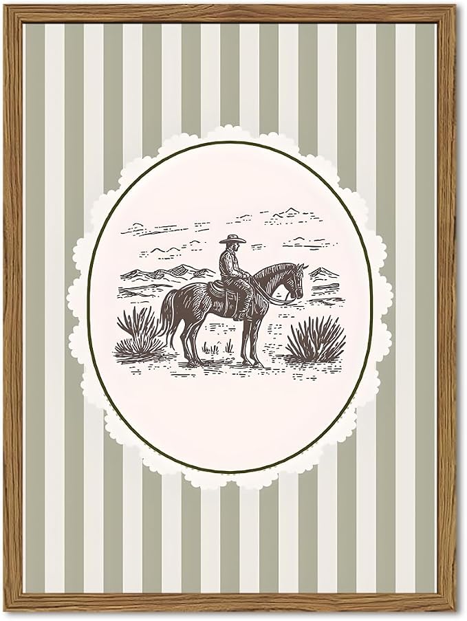 Western Cowboy Wall Art Vintage Southwestern Wall Decor Painting, Retro Rodeo Stripe Poster Canvas Print Picture for Living Room Bedroom 12x16 inch Wood Framed