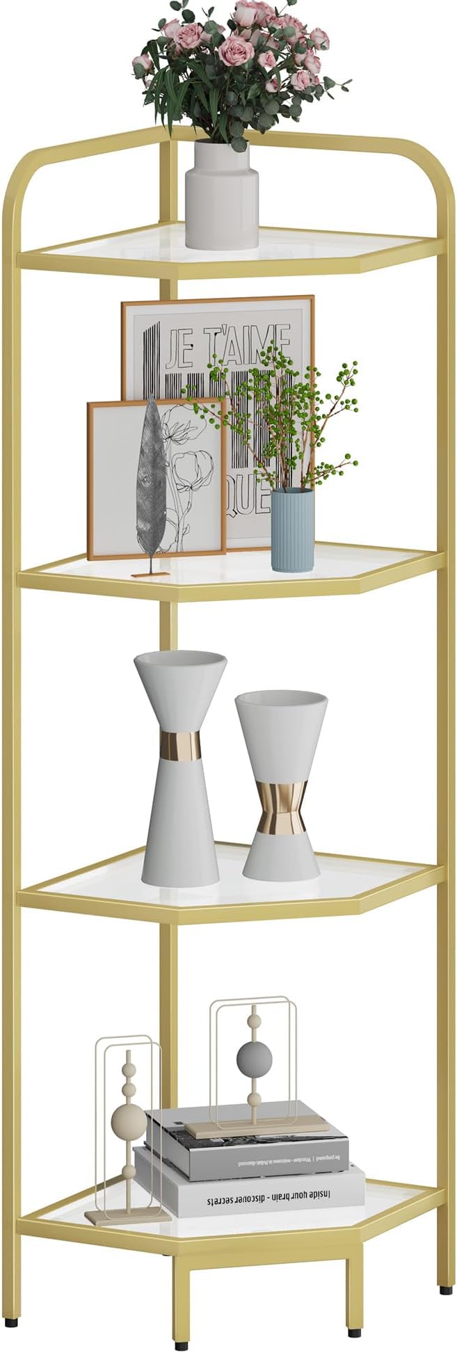 Hzuaneri Corner Shelf Stand, 6-Tier Glass Bookshelf Bookcase, Plant Stand | Bathroom Organizer Steel Frame, Tempered Glass, Modern Style for Living Room, Bathroom, Kitchen, Gold CS90400G
