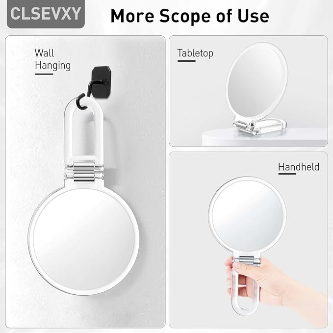 CLSEVXY Magnifying Handheld Mirror Double Sided, Magnification Hand Mirrors, Travel Folding Hand Held Mirror, 360°Rotation Pedestal Makeup Vanity Mirror