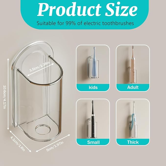 3 Pack Electric Toothbrush Holders for Bathroom, Wall Mounted Clear Electric Toothbrush Organizer, Self Adhesive Bathrooms Toothbrush Storage for Shower, Saving Space and Keep Drying