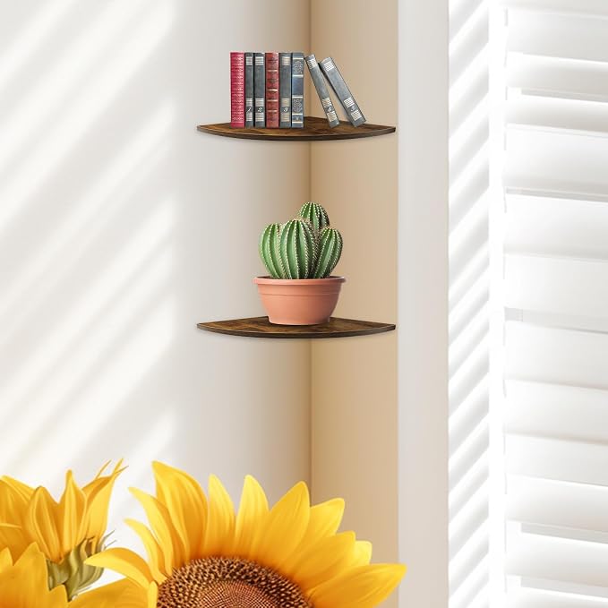 JJL Corner Shelves, 12 Inch Deep Corner Shelf Wall Mounted with Wire Hole, 2 Tier Sector with Hole - Corner Hanging Shelving for Wall Storage, for Speaker, Cable Box, Rust Brown