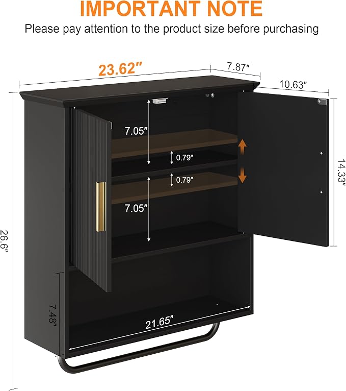 Wall Mounted Cabinet with Towel Bar & Shelves for Kitchen Bathroom | Black Space Saving Wood Bathroom Wall Cabinet 2 Doors for Laundry, Kitchen, Living Room
