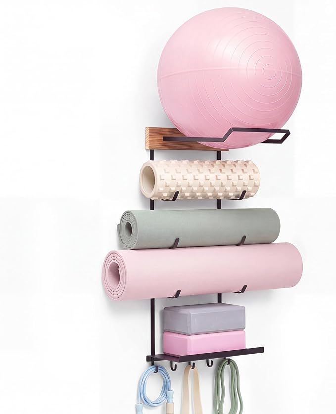 Yoga Mat and Ball Holder Wall Mount, 4-tier Yoga Mat & Ball Storage Rack, Metal Floating Shelf, Home Gym Organizer for Hanging Foam Rollers & Resistance Bands, Wood Color