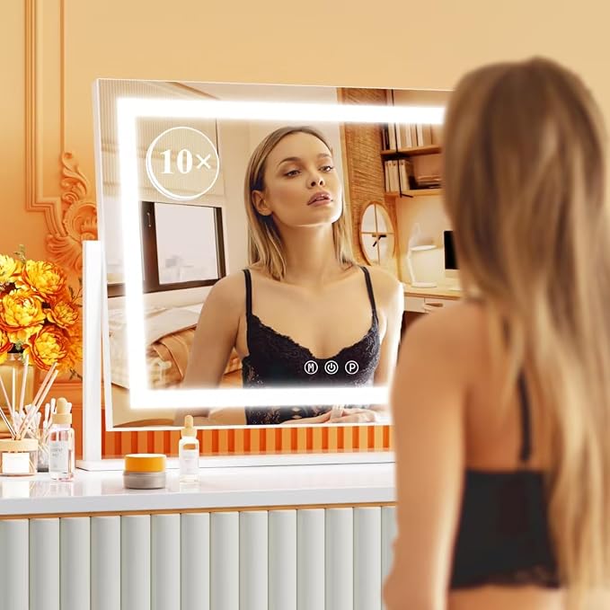 Gvnkvn Lighted Makeup Mirror, 17.3"x13" Hollywood Vanity Mirror with Lights,Three Color Lighting Modes, and 5X Magnification Mirror, Smart Touch Control, 360°Rotation (White, Gift Box)