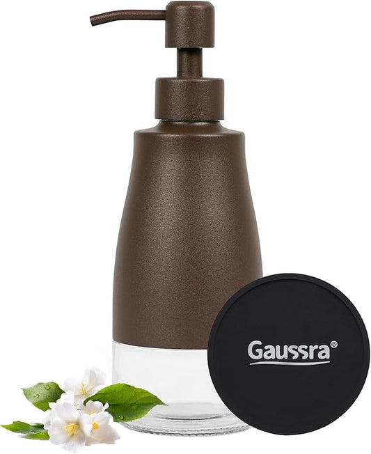 Gaussra Matte Brown Soap Dispenser with Coaster & Stickers - 11 OZ / 320 ML | Stainless Steel and Glass Bottle Hand Pump Dispenser, Refillable Lotion Hand Soap Dispenser for Bathroom and Kitchen