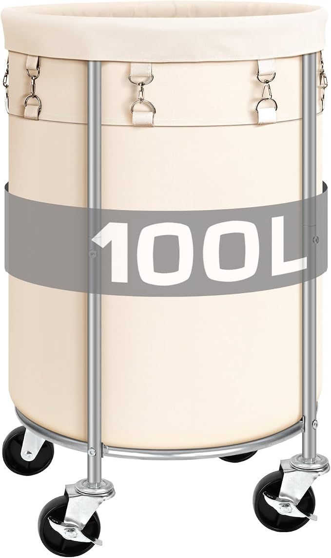 100L Round Rolling Laundry Hamper Basket with Wheels, Beige | Laundry Sorter Cart with Removable Bag, Clothes Organizer, Metal Frame, Bedroom, Bathroom, Laundry Room, Dorm Use