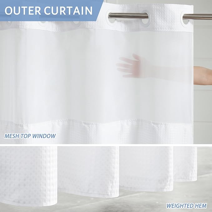 Furlinic Waffle Weave No Hook Shower Curtain with Snap in Fabric Liner Set,Heavy Duty Textured Bathroom Curtain with See Through Window,Waterproof & Machine Washable,Hotel Style,White,71x75 Inch
