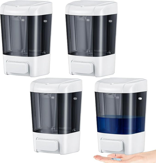 Hushee 4 Pcs Plastic Wall Mounted Soap Dispenser Commercial Manual Soap Containers Wall Dispenser for Kitchen Shower Hotel Liquid Shampoo Gel Chamber(27 oz 800 ml,Brown)
