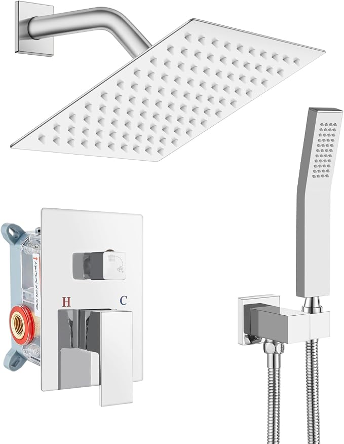 gotonovo Shower Faucet Set with Handheld Spray Polished Chrome,8'' Head | SUS304 Rainfall Shower Head and Handle Set System Fixture,Pressure Balance Valve Trim Kit,Single Handle,Wall Mount,All Metal