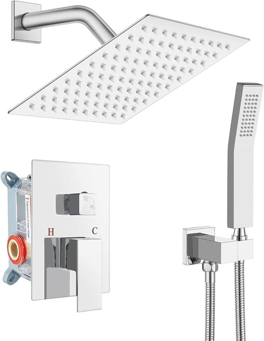 gotonovo Shower Faucet Set with Handheld Spray Polished Chrome,8'' Head | SUS304 Rainfall Shower Head and Handle Set System Fixture,Pressure Balance Valve Trim Kit,Single Handle,Wall Mount,All Metal