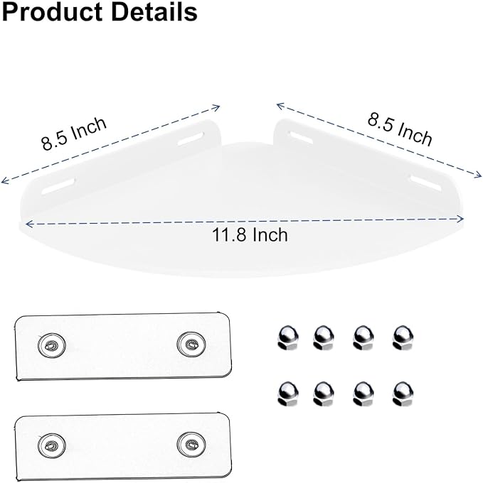 Corner Shower Caddy Shelf Rack, 8.5"x8.5" 2 Tier White | Adhesive No Drilling, Acrylic, Bathroom Storage Organizer