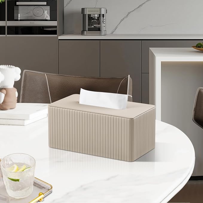 PU Leather Tissue Box Cover Rectangle Tissue Holder, Beige | Magnetic Closure, Tissue Box Holder for Bathroom Bedroom Office, Rectangular Tissue Box Cover for up to 3.9" High Boxes