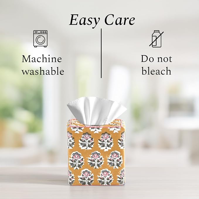 CPC Yellow Citrine Hand Block Printed Cotton Tissue Box Cover 5" x 5" x 5.5" Square Soft Reusable Boho Napkin Holder for Home Kitchen Dining Bathroom Office Cafe Spa, Gift for Spring, Mother's Day