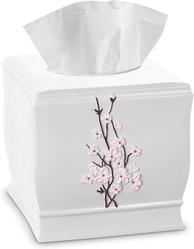 Vanda Cherry Blossom White Square Resin Tissue Box Cover with Bottom Slider