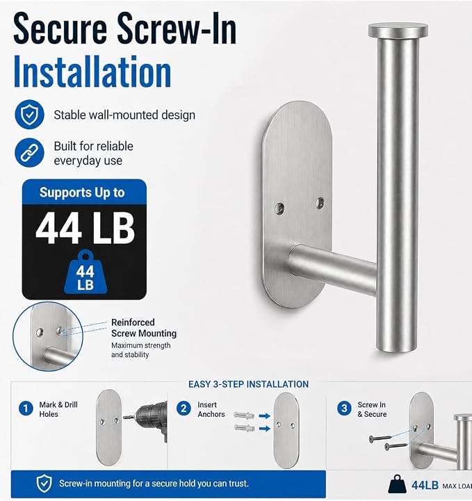 2Pcs Toilet Paper Holder Wall Mount for Bathroom, Heavy-Duty Screw-in Rv Toilet Roll Holder, SUS304 Rustproof Stainless Steel Rust Proof, Suitable for Kitchen Washroom Morden Brushed Nickel Silver