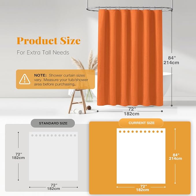 Long Linen Textured Waterproof Shower Curtain Set, 72x84, Burnt Orange | Tall Size, 230GSM Polyester, Heavy Duty Cloth, Weighted Hem, 12 Plastic Hooks, Modern Luxury Hotel Style, Machine Washable
