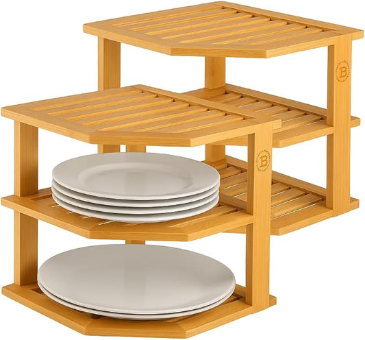 Bamboo Plate Organizer for Cabinet, 3 Tier Corner Shelf Riser, 2 Pack | Holds heavy stacked dishes mugs bowls, non slip feet, tool included easy assembly, kitchen pantry bathroom counter storage