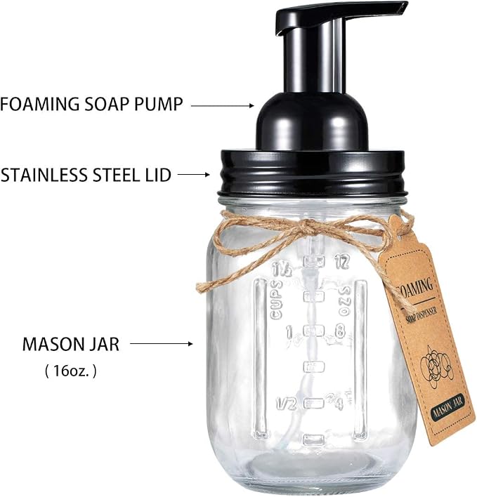 Amolliar Mason Jar Foaming Soap Dispenser, 16oz Hand Dispenser, Black 2Pack | Rustproof Stainless Steel Lid Plastic Soap Pump, Rustic Farmhouse Decor, Refill Foam Hand Soap Dispenser for Bathroom Kitchen