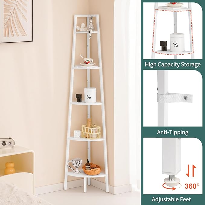 Yoobure 5-Tier Corner Shelf Stand- 67.5" Tall Corner Bookshelf with Metal Frame, Industrial Ladder Corner Shelves Display Shelf for Bedroom Living Room, Corner Bookcase Corner Plant Stand for Balcony