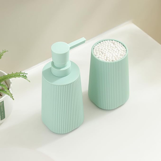 YAUKPH Bathroom Soap Dispenser and Toothbrush Holder Striped Green | Bathroom Accessories Set 2 Piece for Bathroom Countertop Storage and Decor