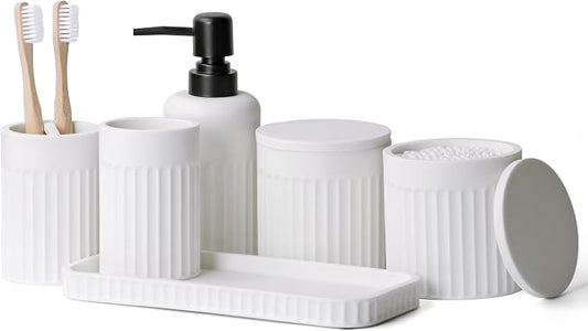 INIUNIK Bathroom Accessory Set, 6 Pieces, White | Resin, Bathroom Accessories Set, Includes Soap Dispenser Set, Toothbrush Holders, Tumbler, Vanity Tray & 2 Qtip Holder