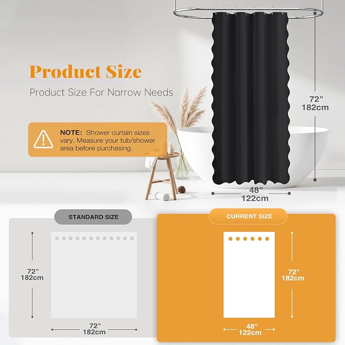 48x72 Boho Scalloped Linen Textured Cloth Shower Curtain Set, Black | Stall Size, 230GSM Waterproof Polyester, Heavy Duty Fabric, 8 Plastic Hooks, Elegant Modern Farmhouse Style, Machine Washable