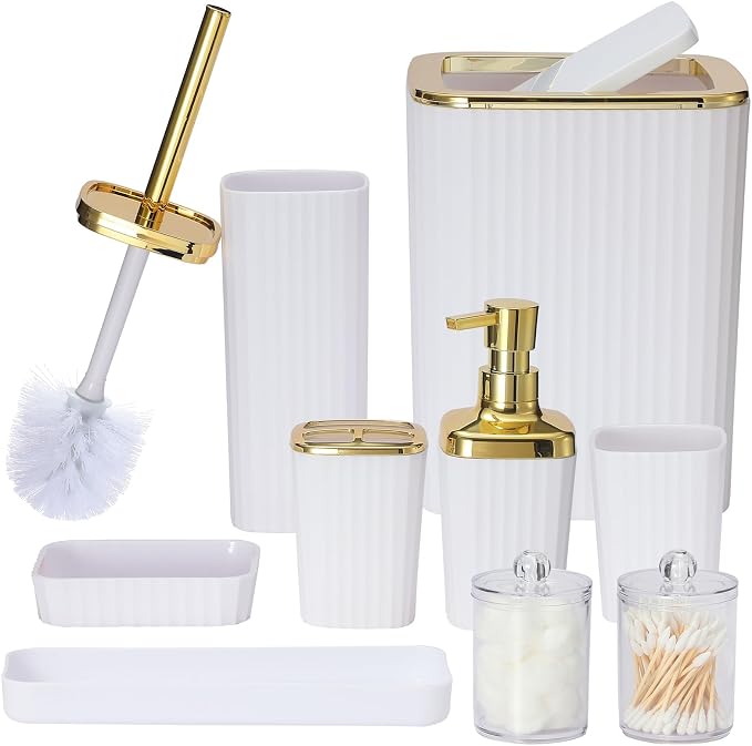9 PCS White Bathroom Accessories Set with Trash Can Bathroom Accessory | All-in-One Kit with Trash Can,Toothbrush Holder,Soap Dispenser,Toothbrush Cup,Vanity Tray,Soap Dish,Toilet Brush etc for Home