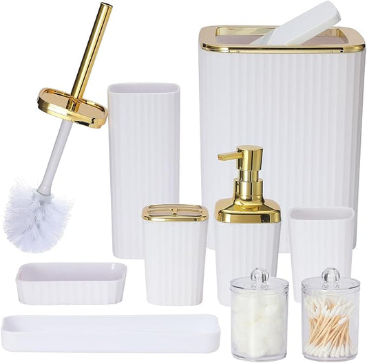 9 PCS White Bathroom Accessories Set with Trash Can Bathroom Accessory | All-in-One Kit with Trash Can,Toothbrush Holder,Soap Dispenser,Toothbrush Cup,Vanity Tray,Soap Dish,Toilet Brush etc for Home