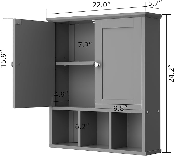Shintenchi Bathroom Medicine Cabinet, Wall Mounted, Adjustable Shelf, Gray | Over The Toilet Cupboard, Open & Concealed Storage, 2 Magnet Doors, Space-Saving, Easy to Clean