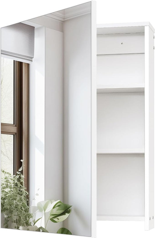 Bathroom Medicine Mirror Cabinet, 17.7'' x 23.6'', Wall-Mounted Bathroom Vanity with Mirror, Bathroom Medicine Cabinet with Storage Function, Hanging Storage Cabinet, Adjustable Shelves, White