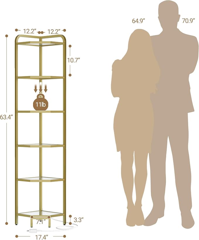 Hzuaneri Corner Shelf with LED Lighting, 6-Tier Glass Bookshelf | Steel Frame, Tempered Glass, Modern Style Corner Shelf, Suitable for Living Rooms, Bedrooms and Games Rooms CS09699G