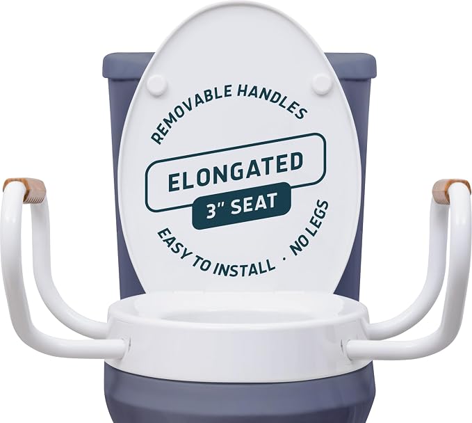 Lunderg Solva Raised Toilet Seat with Handles - Elongated - Adds 3 Inches | Easy to Install Toilet Seat Risers for Seniors - Elegant White Design & Works like the one you always use - No Hospital Vibe