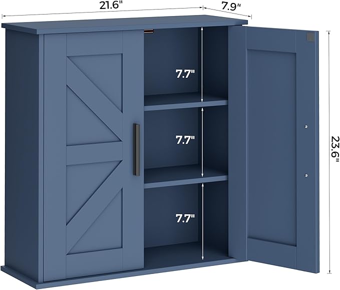 Homleke Bathroom Wall Cabinet, Medicine Cabinet with Adjustable Shelves | 3-Tier Wall Mounted Over Toilet Storage with Barn Doors, for Bathroom, Kitchen, Entryway, Laundry Room, Blue, (7.9" D)