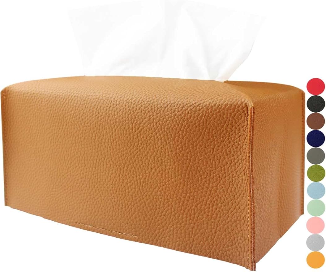 Tissue Box Cover Rectangular Leather – with Bottom Belt [JESMINI, Camel] Modern PU Leather Rectangle Tissue Holder Decorative for Bathroom Vanity Countertop/Night Stands/Office Desk