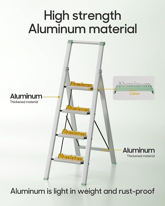 HillhutApex Aluminum 4 Step Ladder, Step Stool Foldable Ladder(Pale Green) | Stepladder with Handgrip,Anti-Slip Pedals,330lbs Capacity,Lightweight Portable Folding Ladder for Home,Office,Libaray