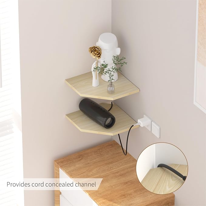 JJL Corner Shelves, 12 Inch Corner Shelf Wall Mounted with Wire Hole, 2 Tier 13.3 Inch Deep Wooden Corner Hanging Shelving for Wall Storage, for Speaker, Cable Box, Light White