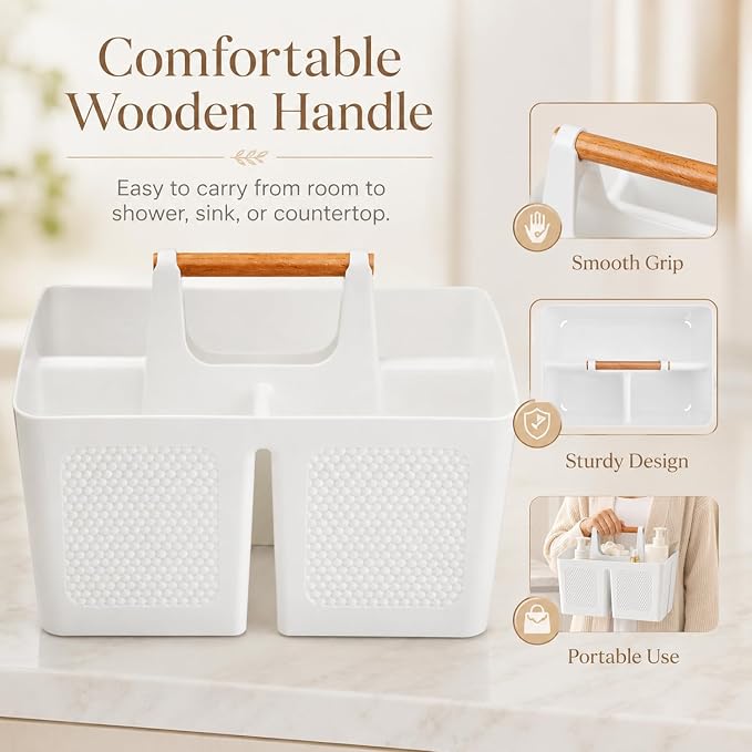 Plastic White Shower Caddy Basket with 3 Compartments, Portable Divided Bathroom Cleaning Caddy Organizer Storage Tote with Handle for Dorm, College, Room Essentials