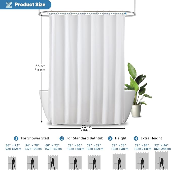 2 Pack Water-Repellent Fabric Shower Curtain Liner, 72x66 White | 100% polyester, 3 Magnets, Rustproof Grommets & Weighted Hem, quick-dry, machine washable, hotel quality for bathroom