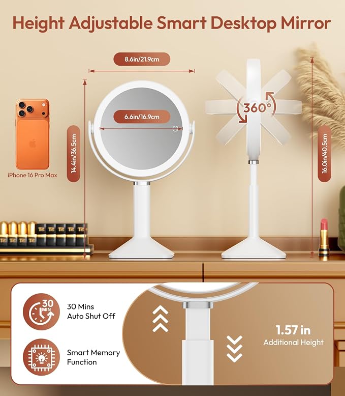 Lighted Makeup Mirror with Lights, Height Adjustable 30X Magnifying Vanity Mirror with 4000mAh Rechargeable Battery & 3 Colors Dimming Light for Desktop Bathroom Bedroom