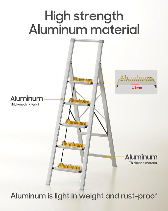 HillhutApex Aluminum 5 Step Ladder, Step Stool Foldable Ladder(Pale Grey) | Stepladder with Handgrip,Anti-Slip Pedals,330lbs Capacity,Lightweight Portable Folding Ladder for Home,Office,Libaray