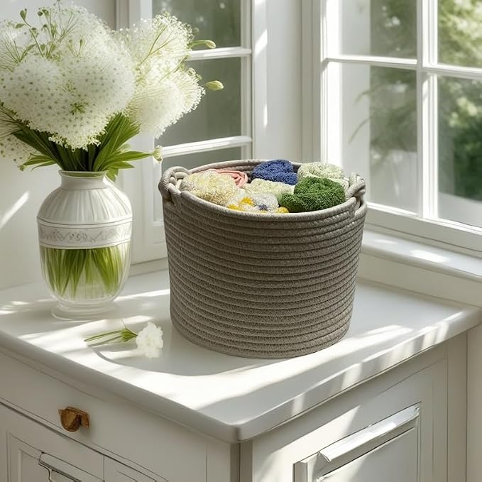 Bellar Small Rope Basket,Shelf Storage Baskets for Organizing,Cute White Storage Basket,Round Decorative Box for Kids,Woven Rope Storage Snack Storage Area Decorative Boxes Aesthetic -9.4’’*7.1’’