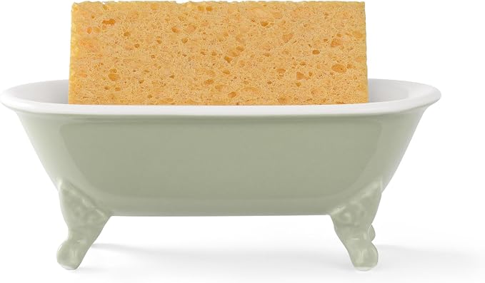 6.5" Ceramic Mini Clawfoot Bathtub Soap Dish, Seige Green | Decorative, Kitchen Sponge Holder, Shower Tray, 1 Pack