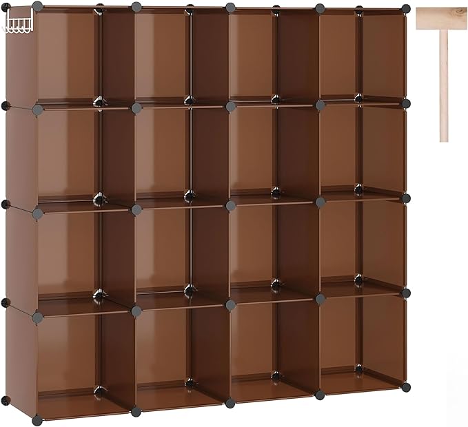 C&AHOME 16 Cube Storage Organizer Cube Shelves Units Storage Cubes, Brown | Plastic DIY Closet Organizer, Stackble Modular Closet Storage Shelves Ideal for Home, Bedroom, 48.4" L × 12.4" W × 48.4" H